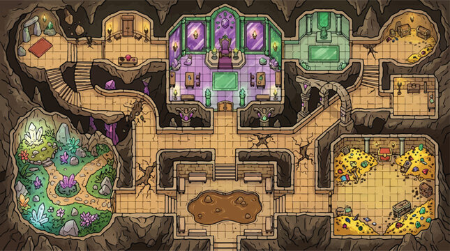 Fantasy dungeon map vector, isometric underground castle interior with throne room and treasure chamber, RPG game level design background