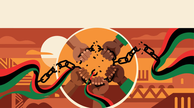 Juneteenth Freedom Day banner with diverse hands breaking metal chains together inside circle on landscape background vector illustration