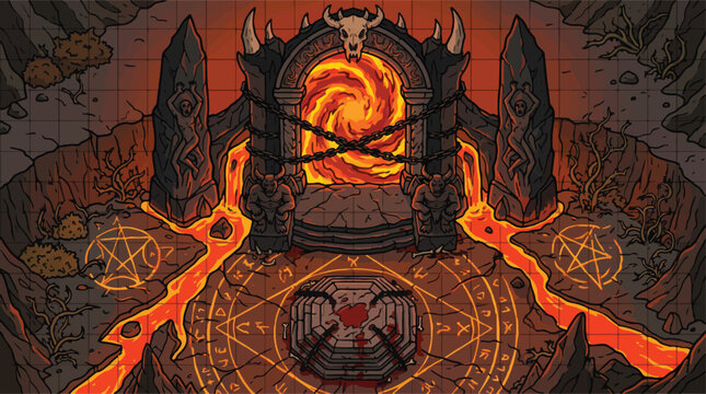 Fantasy hell portal vector illustration, demonic underworld gate with lava and pentagrams, dark magic ritual altar in a cavern, isometric game background art