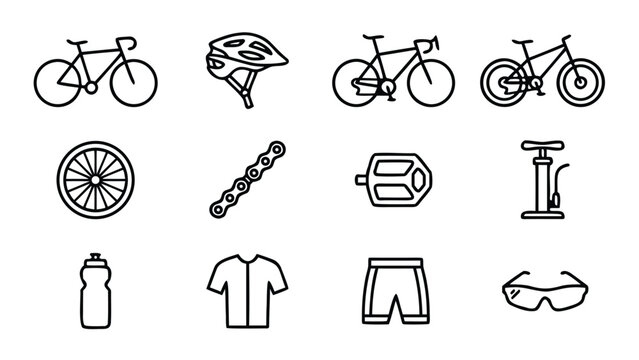 Minimalist bicycle and cycling gear line icon set feauring road bikes, mountainbikes, helmet, wheel, chai, pedal, pump, water bottl, jersey, shorts, and sungasses for sports design prjects.