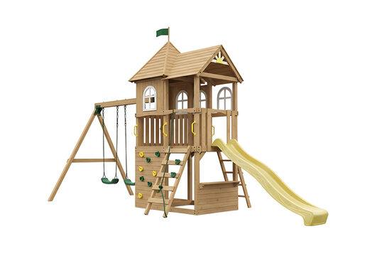 Wooden playground swing set with climbing wall and yellow slide for backyard kids activity area