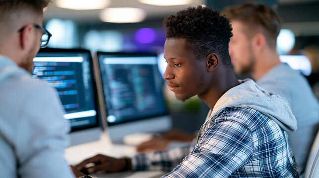 Rear view of a data engineer and colleague at a desk developing machine learning algorithms for cybersecurity, ML security development concept, programmer team photography, deep