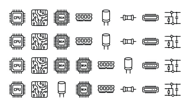 Vector Set of Electronic Component Line Icons Featurig CPU, Microchips, CircuitBoards, RAM, Capacitors, Rsistors, and Connectors ina Minimalist Outline Stylefor Hardware Design and Enineering