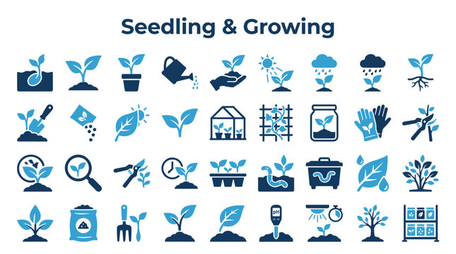 Seedling and growing icons representing plant care, gardening, agriculture, and natural development concepts with a blue and teal color palette