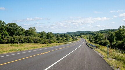Fototapeta premium An empty, scenic two-lane highway winds through a vibrant green countryside on a clear, sunny day