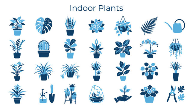 Collection of indoor plants and gardening tools, diverse botanical illustrations for home decor and green living