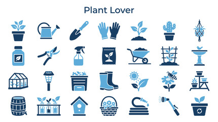 Fototapeta premium Gardening tools and plants illustration icons set for plant lovers and nature enthusiasts, representing home gardening hobbies and outdoor activities.