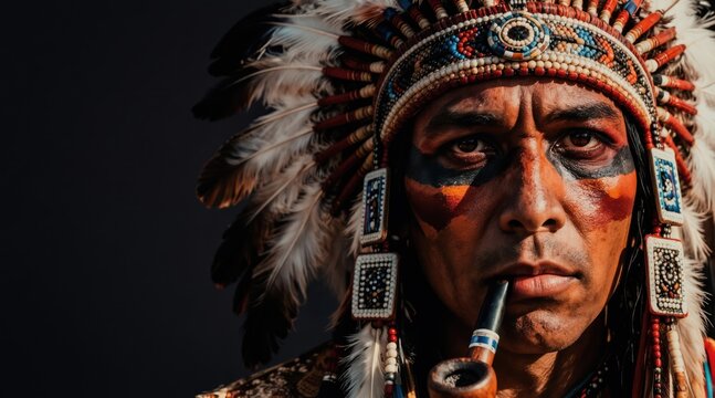 Close up portrait of indigenous man wearing traditional feather headdress and face paint. He looks serious while holding a smoking pipe in his mouth. Dark background.