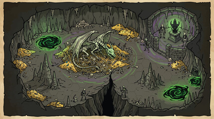 Fantasy dragon lair map, isometric dungeon crawl illustration with dragon skeleton and gold treasure, hand-drawn tabletop rpg battle map, dark cavern with glowing green magic portals © xantii