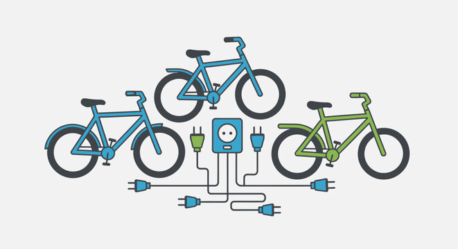 Electric bicycles charging concept with multiple bikes connected to a central power station.