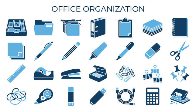 Office Organization Icons Set Collection Of Stationery Supplies And Desk Accessories For Business And Study