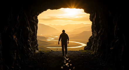 Fototapeta premium Silhouette of a hiker at the exit of a dark cave | Overlooking a vast golden mountain landscape with a winding river at sunrise | Concept of hope and new beginnings | Adventure travel and exploration