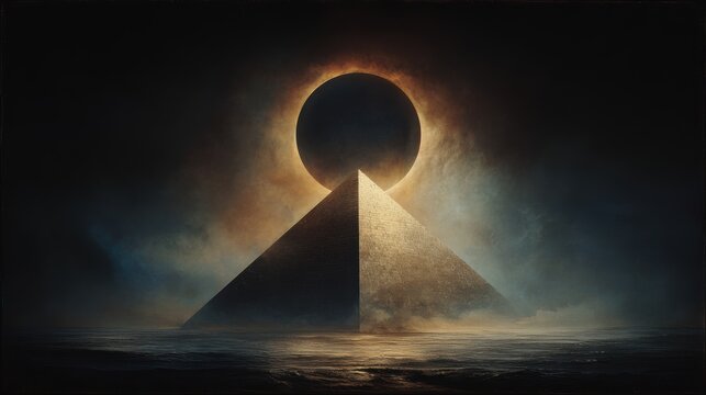 Eclipse, fantasy, mysterious, supernatural. A dramatic digital artwork depicts a majestic pyramid standing in the middle of a vast expanse of water. The pyramid is the central focus.