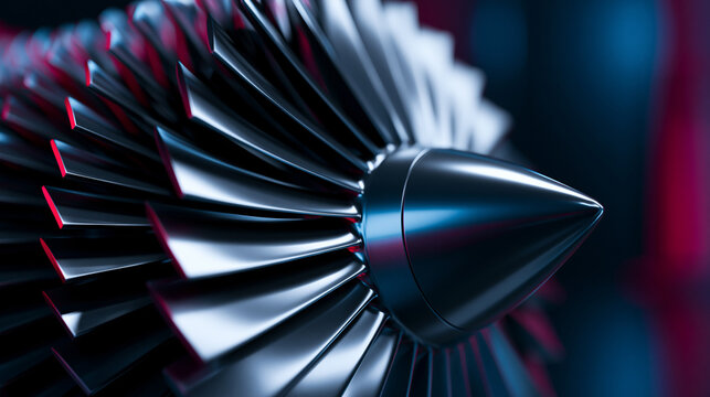 Close-up of metallic turbine blades with red accents highlighting precision engineering and advanced industrial technology.