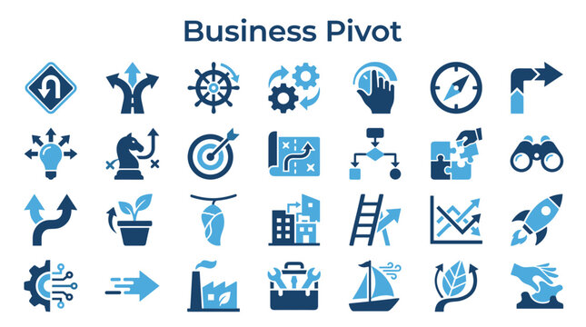 Business pivot concept illustration with icons representing strategy change growth direction innovation and decision making in a blue color scheme