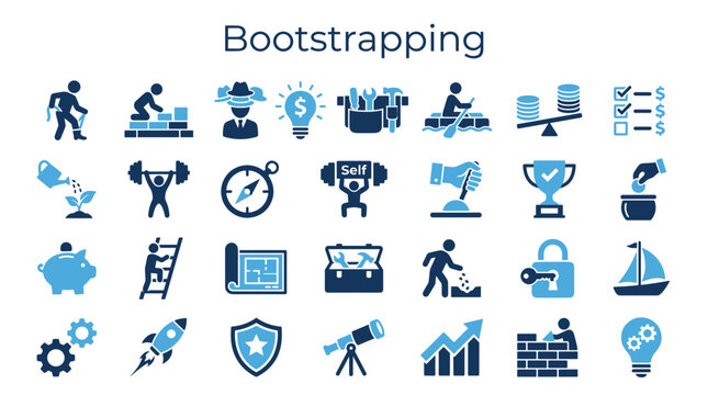 Bootstrapping concept with icons representing startup growth, financial management, and self-reliance for new business ventures