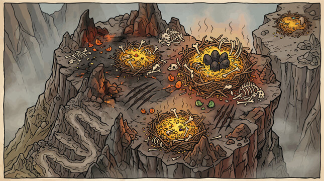Fantasy dragon nest on mountain peak, isometric game map with monster eggs and bones, volcanic landscape vector illustration for RPG tabletop gaming
