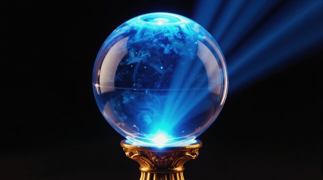 Glowing crystal ball on ornate gold stand emits bright blue light. Sphere contains cosmic swirls and stars. Mystical orb is used for divination and predicting future events.