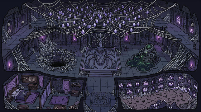 Gothic spider queen lair vector illustration, dark fantasy dungeon interior with cobwebs and purple lanterns, spooky underground cavern for game design and storytelling