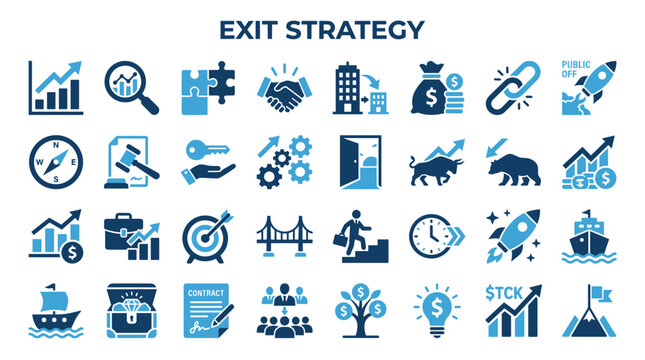 Business exit strategy icons representing financial growth, investment, mergers, planning, and successful company launch for entrepreneurship and startup concepts