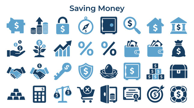 Financial icons collection representing saving money, investment, and financial growth with piggy bank, safe, coins, charts, and wallet