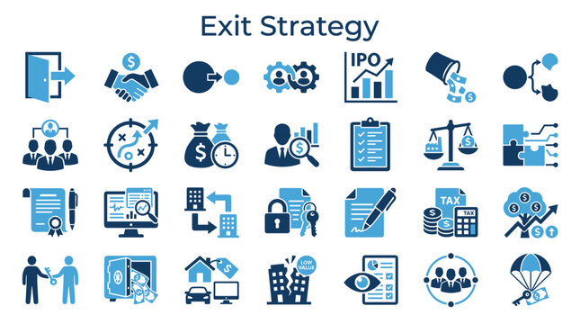Exit Strategy Business Planning Icons Showing Company Growth Investment Finance Legal and Partnership Concepts