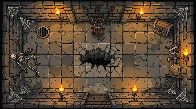 Medieval dungeon interior vector illustration, dark stone prison cell with skeleton and treasure chest, fantasy RPG game background with torches and cobwebs