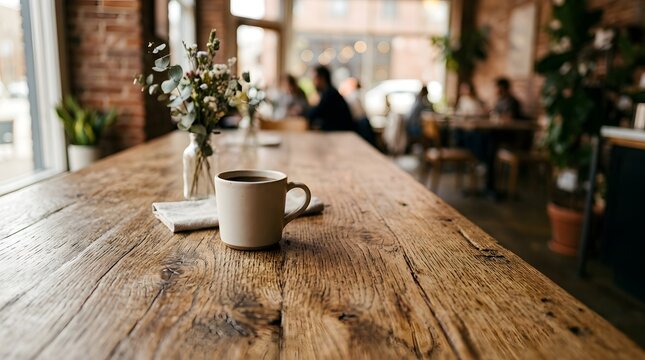 Coffee Cup on Wooden Table in Cafe with Natural Light.