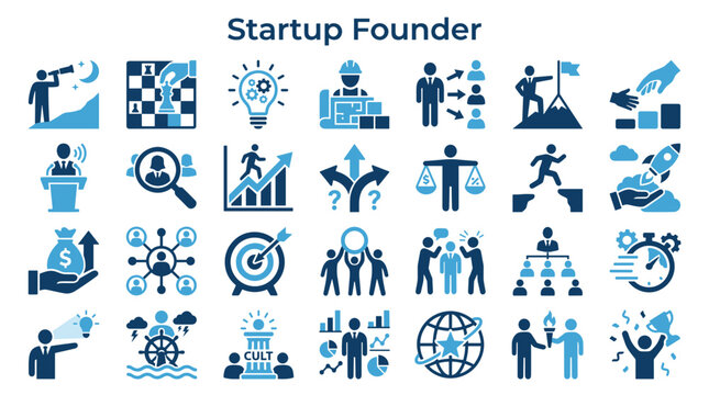 Startup Founder Business Icons Representing Strategy Growth Innovation Leadership Teamwork and Success