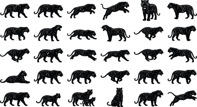 Black panther silhouettes, big cat icons, feline vector graphics, animal set