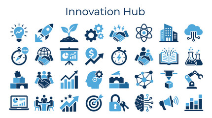 Innovation Hub concept illustration with icons representing business growth technology development and creativity ideas © Iconique Studio