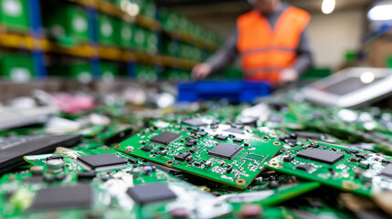 Obraz premium Electronic waste circuit boards in industrial recycling facility representing sustainable technology, hardware recovery and green manufacturing process.