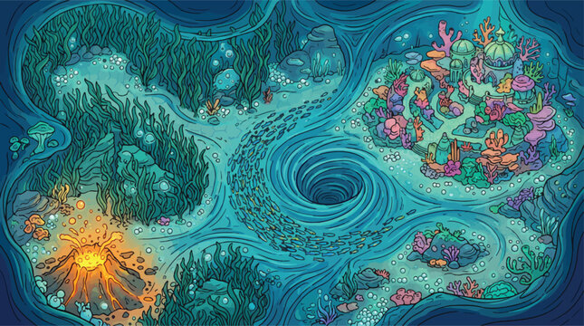 Fantasy underwater world map vector illustration, magical ocean floor landscape with coral city and whirlpool, mystical sea kingdom with volcano and kelp forest