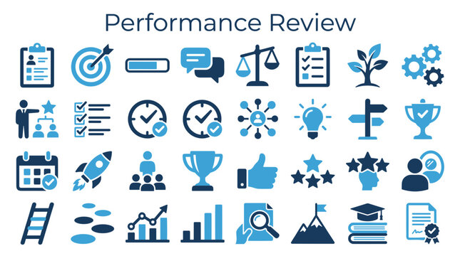 Performance Review Icons Set Business Goals Growth Strategy Teamwork Success and Achievement Concepts in Blue Tones