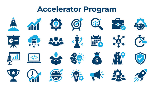 Accelerator program icons representing startup growth business development innovation strategy and success with icons for rocket launch analytics teamwork and funding