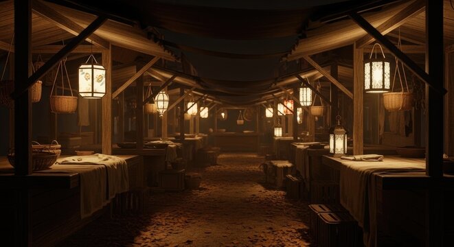 Atmospheric medieval market stalls illuminated by lanterns at night.