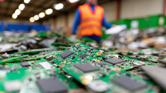 Recycled computer mainboards on factory production line representing electronic waste processing, sustainable technology and industrial recycling.