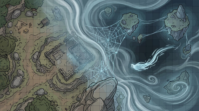 Fantasy RPG battle map of haunted ruins, spooky tabletop gaming grid with ghost and spider webs, mystical ethereal fog over abandoned stone structure