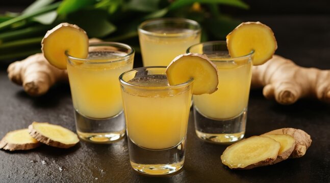 Four glasses with ginger shots and ginger root pieces. Natural healthy drink for immunity boost. Refreshing cold beverage with spice and vitamin C.
