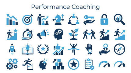Fototapeta premium Performance coaching icons representing growth strategy development success and achievement in business