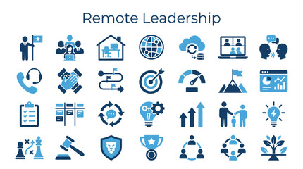 Fototapeta premium Remote Leadership Icons Representing Teamwork Strategy Communication Goals Growth and Success in Modern Business Environment