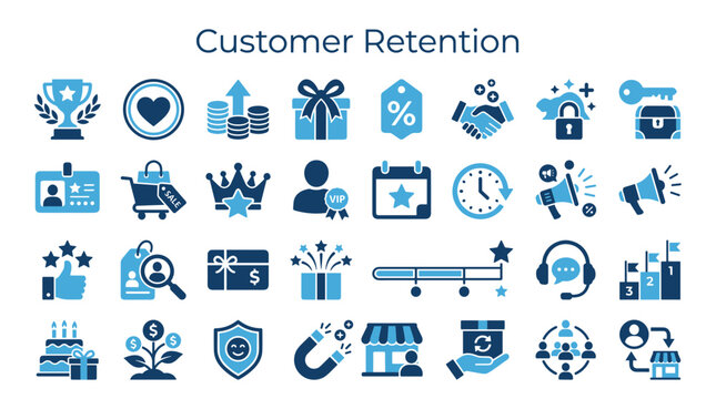Customer Retention Icons Set Business Strategy Loyalty Program Marketing Goals Customer Service Growth Engagement Loyalty Key Performance Indicators