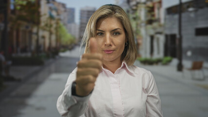 Fototapeta premium Woman displays thumbs down gesture on narrow urban street lined with benches and trees under daylight; disapproval.