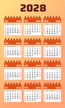 Vertical 2028 yearly calendar template with orange header design and compact monthly layout. Clean vector illustration ideal for business planning and scheduling purposes