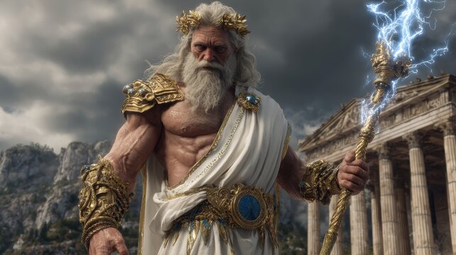 Greek mythology god Zeus. Fantasy. A vivid portrayal of a mythical figure, likely from ancient Greece, standing in front of the Parthenon temple.