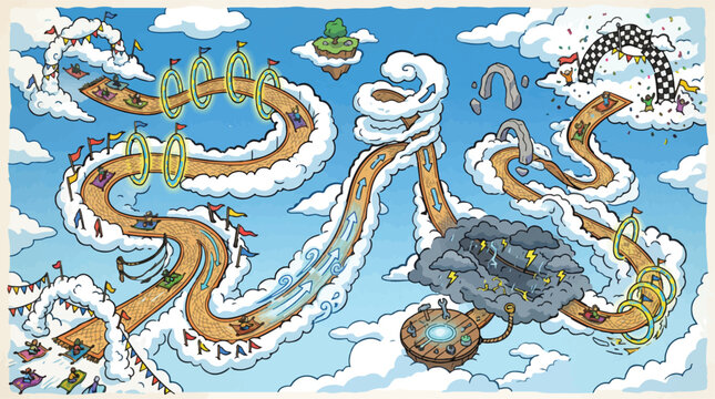 Cartoon fantasy race track in the sky, whimsical aerial game level map with clouds and obstacles, hand-drawn adventure racing circuit vector illustration