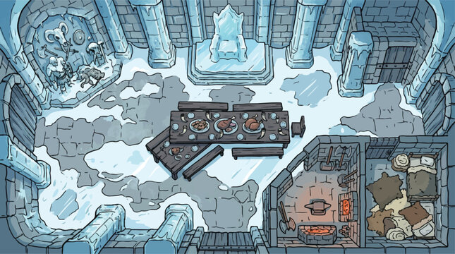 Fantasy ice castle interior battle map, frozen throne room with banquet table and stone walls, winter dungeon vector illustration for tabletop gaming