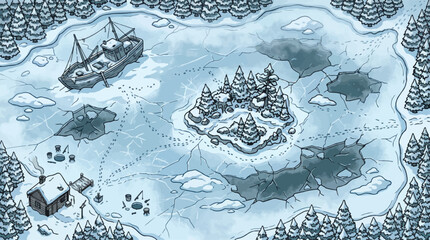 Fantasy winter map vector, hand drawn frozen lake landscape with ship and cabin, isometric snowy forest world map for gaming, blue monochrome arctic environment illustration © xantii