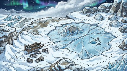Arctic landscape vector illustration, frozen mammoth in ice with northern lights, winter tundra scene with igloo village and ice fishing, husky sled team in snow © xantii