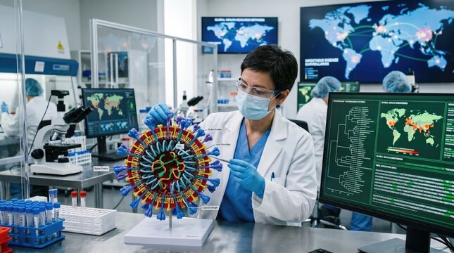 Scientist in a lab studies a detailed virus model, surrounded by monitors showing global maps and data, highlighting research on infectious diseases.